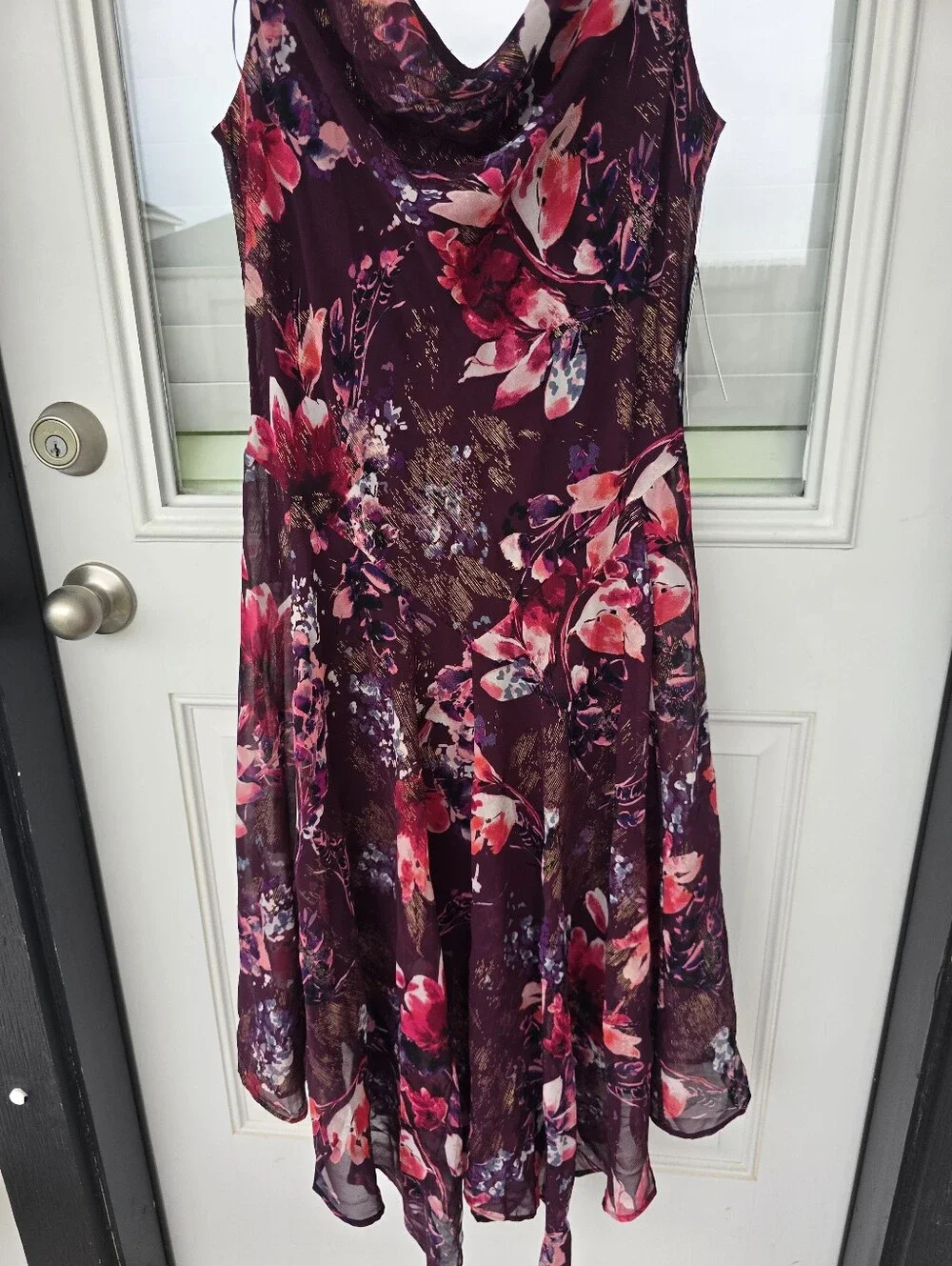 Signature by Robbie Bee Floral Midi Dress 8P Purple Pink Sleeveless Cowl Neck - Picture 5 of 11